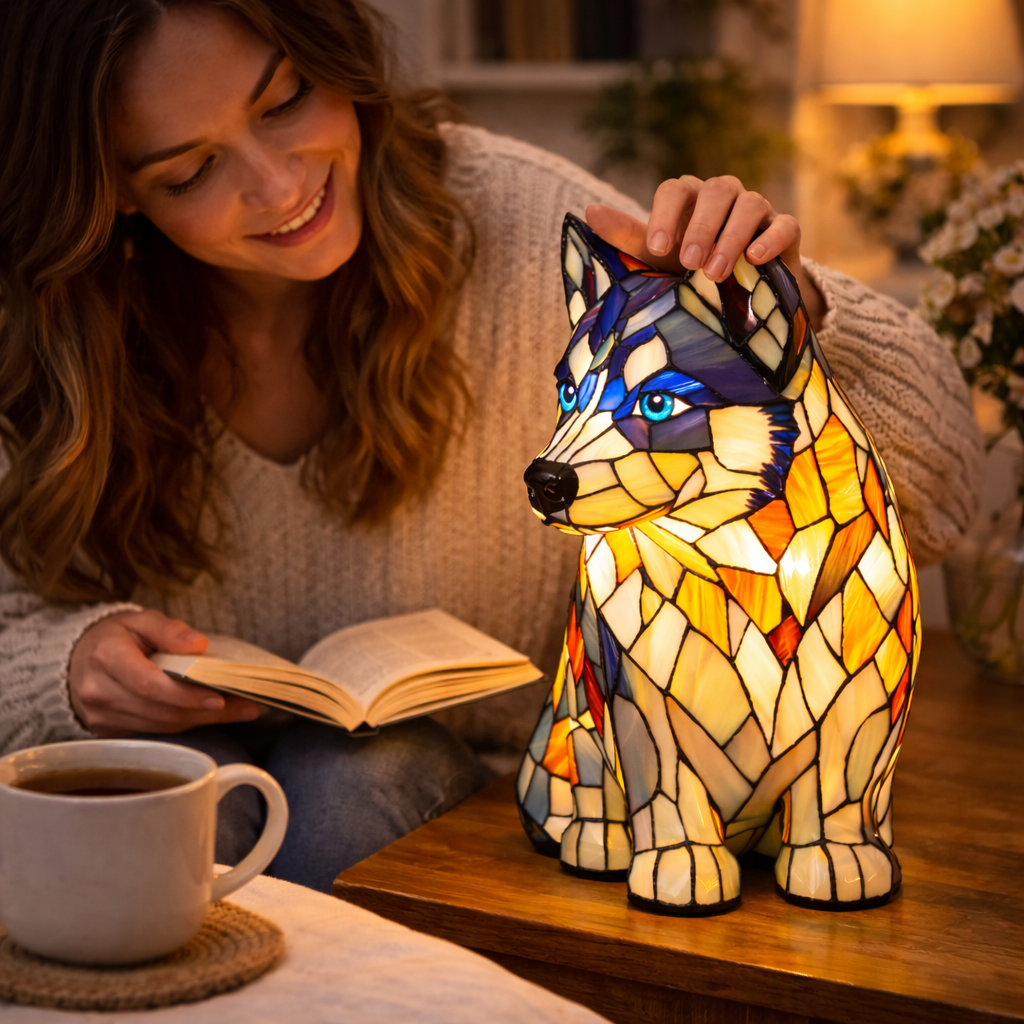 Lámpara de mesa decorativa de dormitorio con perro de vidrio emplomado tipo mosaico