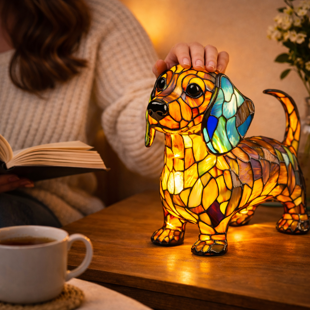 Lámpara de mesa decorativa de dormitorio con perro de vidrio emplomado tipo mosaico