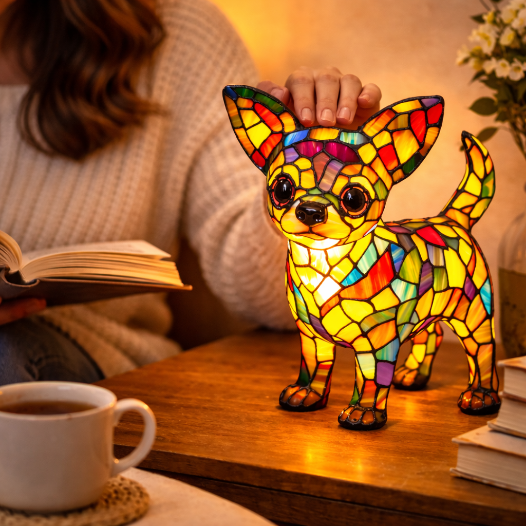 Lámpara de mesa decorativa de dormitorio con perro de vidrio emplomado tipo mosaico