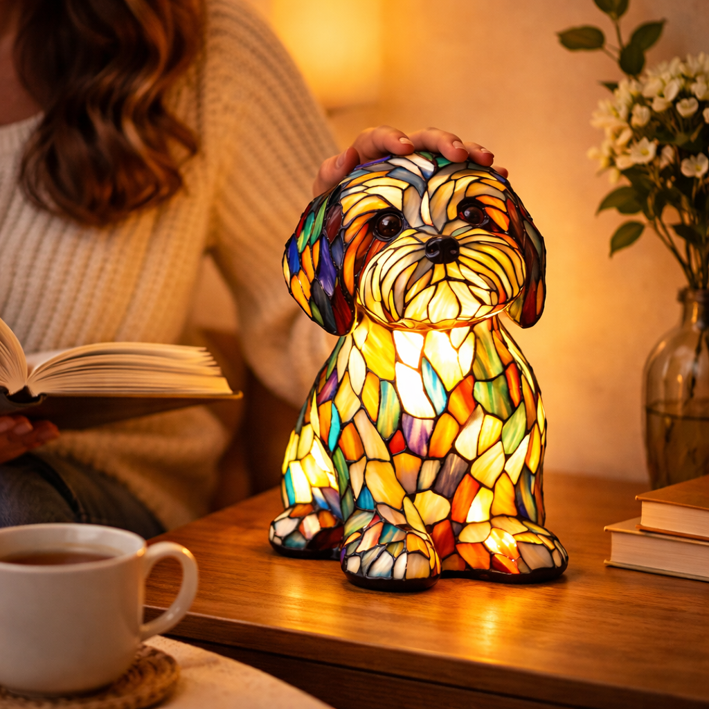 Lámpara de mesa decorativa de dormitorio con perro de vidrio emplomado tipo mosaico