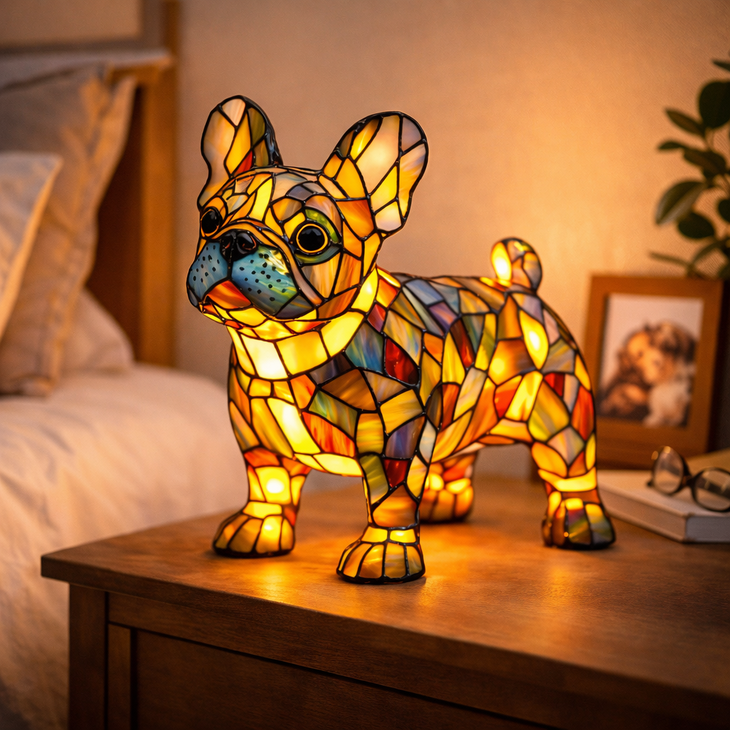 Lámpara de mesa decorativa de dormitorio con perro de vidrio emplomado tipo mosaico
