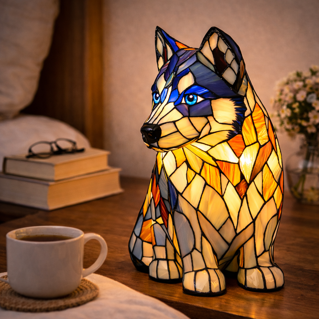 Lámpara de mesa decorativa de dormitorio con perro de vidrio emplomado tipo mosaico