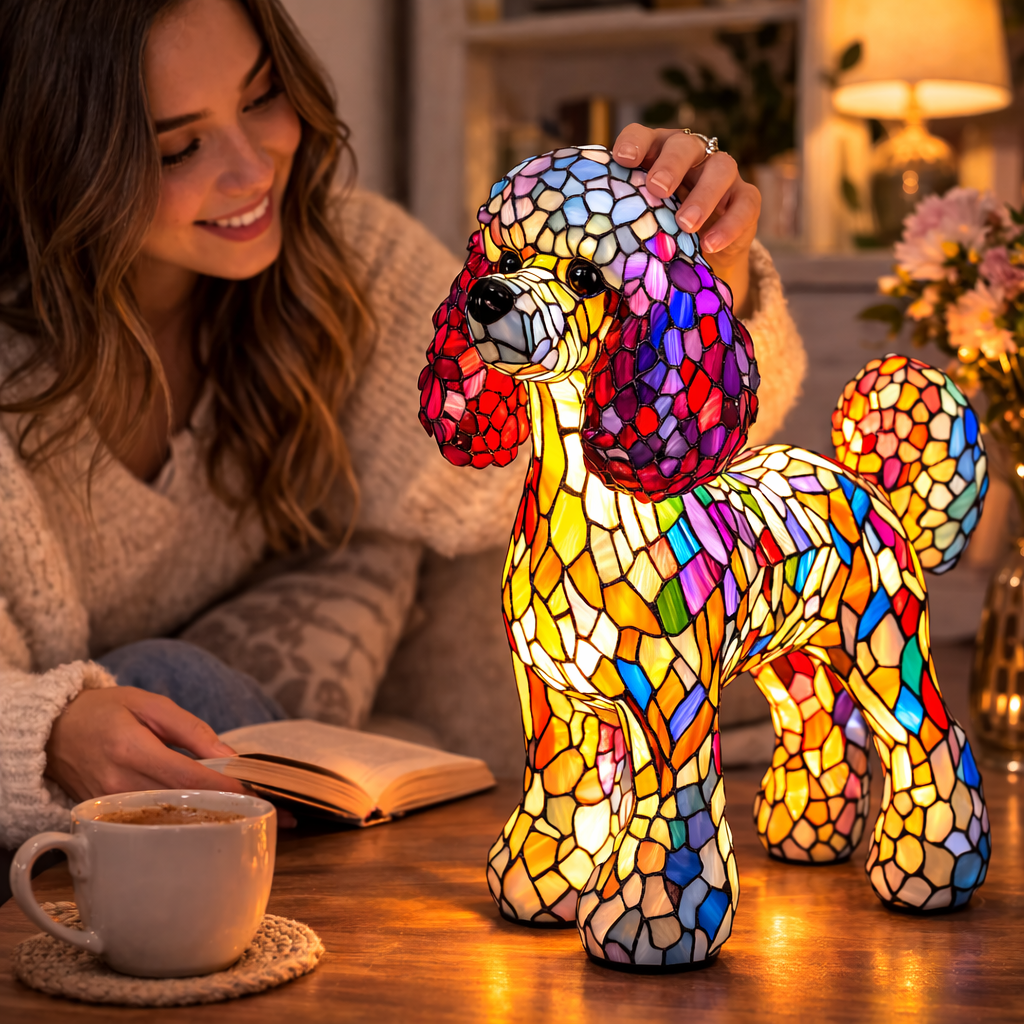 Lámpara de mesa decorativa de dormitorio con perro de vidrio emplomado tipo mosaico