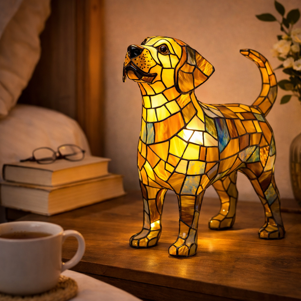 Lámpara de mesa decorativa de dormitorio con perro de vidrio emplomado tipo mosaico