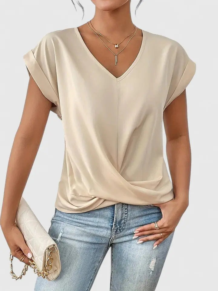 Top casual para mujer con escote en V, mangas cortas y detalle delantero retorcido