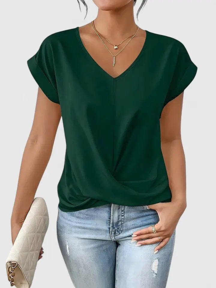 Top casual para mujer con escote en V, mangas cortas y detalle delantero retorcido