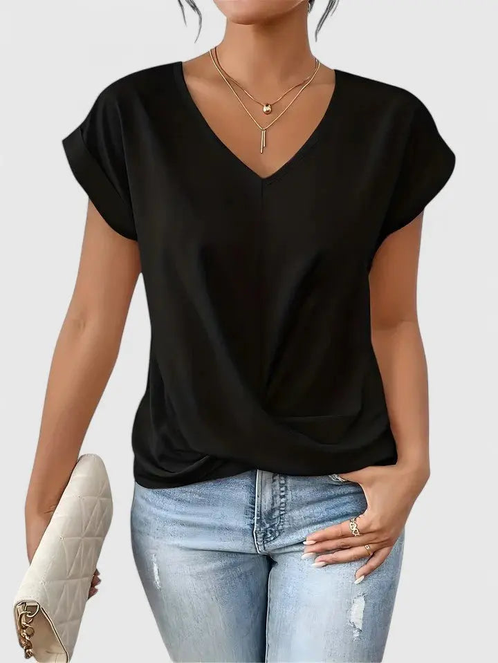 Top casual para mujer con escote en V, mangas cortas y detalle delantero retorcido