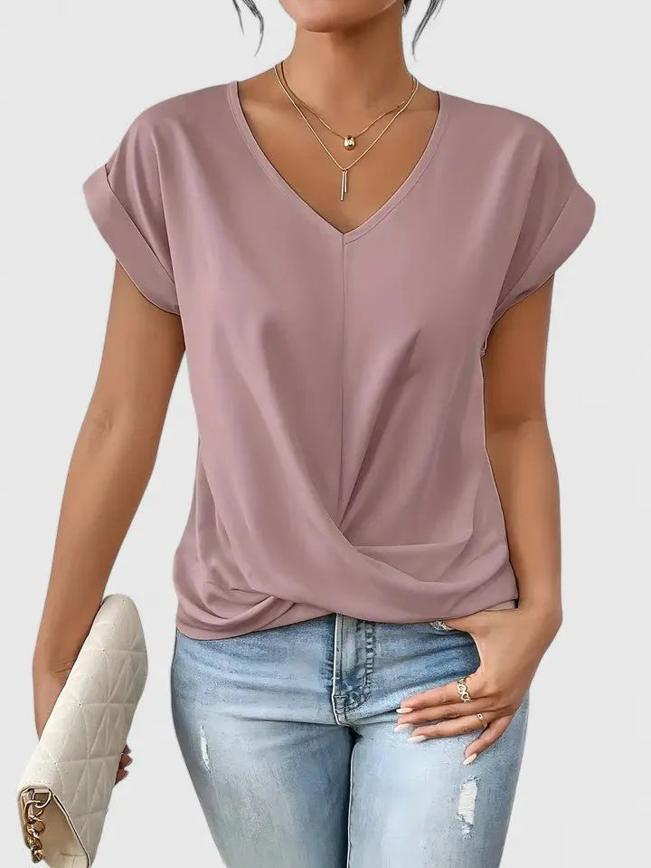 Top casual para mujer con escote en V, mangas cortas y detalle delantero retorcido