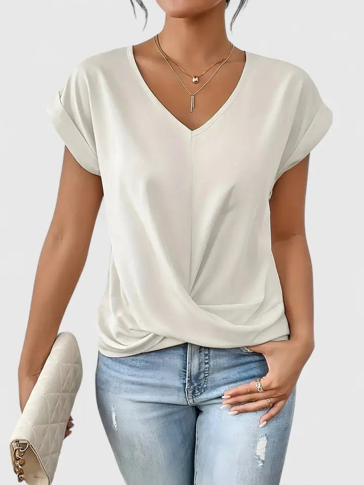 Top casual para mujer con escote en V, mangas cortas y detalle delantero retorcido