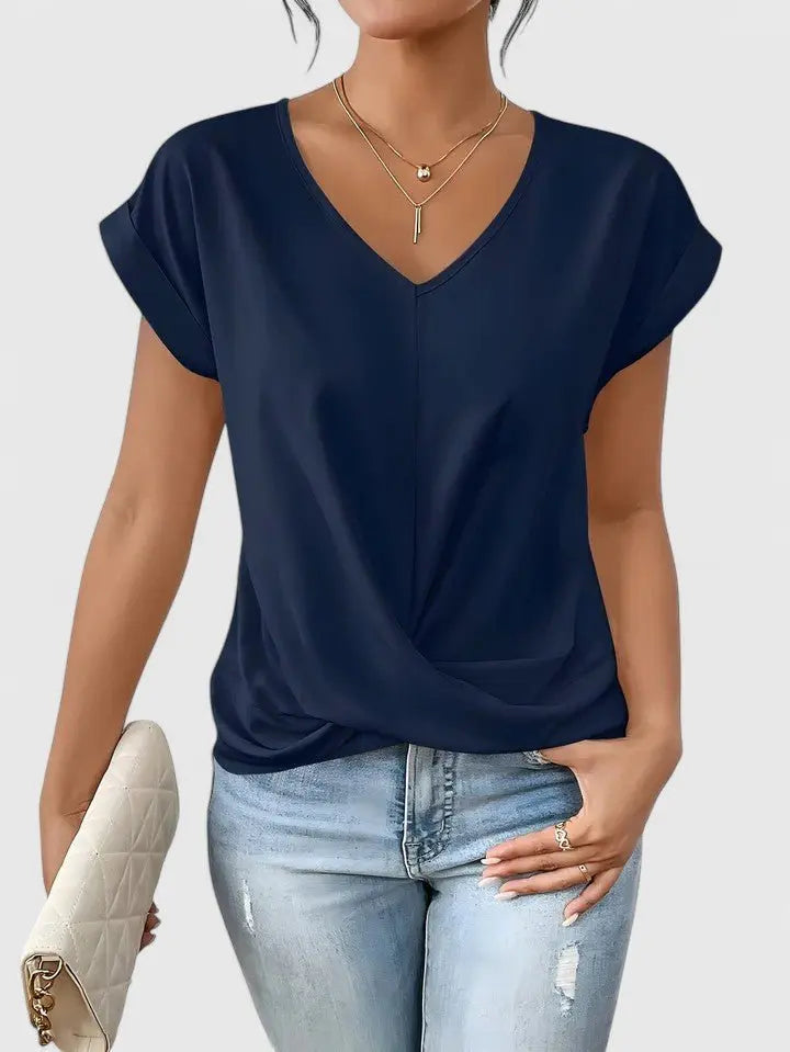 Top casual para mujer con escote en V, mangas cortas y detalle delantero retorcido