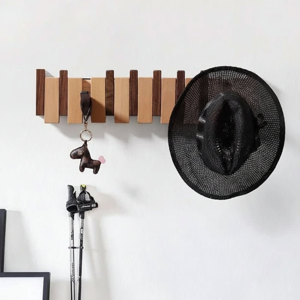 Perchero de pared plegable de madera con ganchos