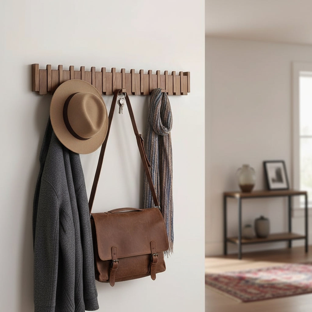 Perchero de pared plegable de madera con ganchos