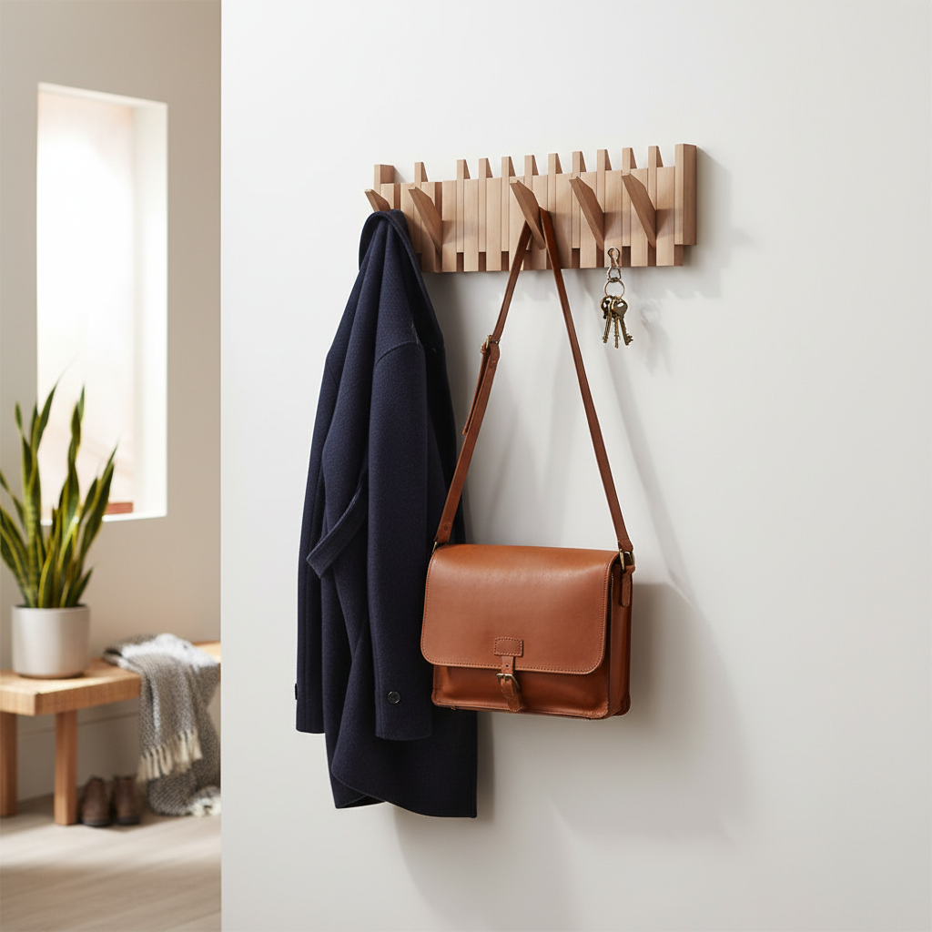 Perchero de pared plegable de madera con ganchos