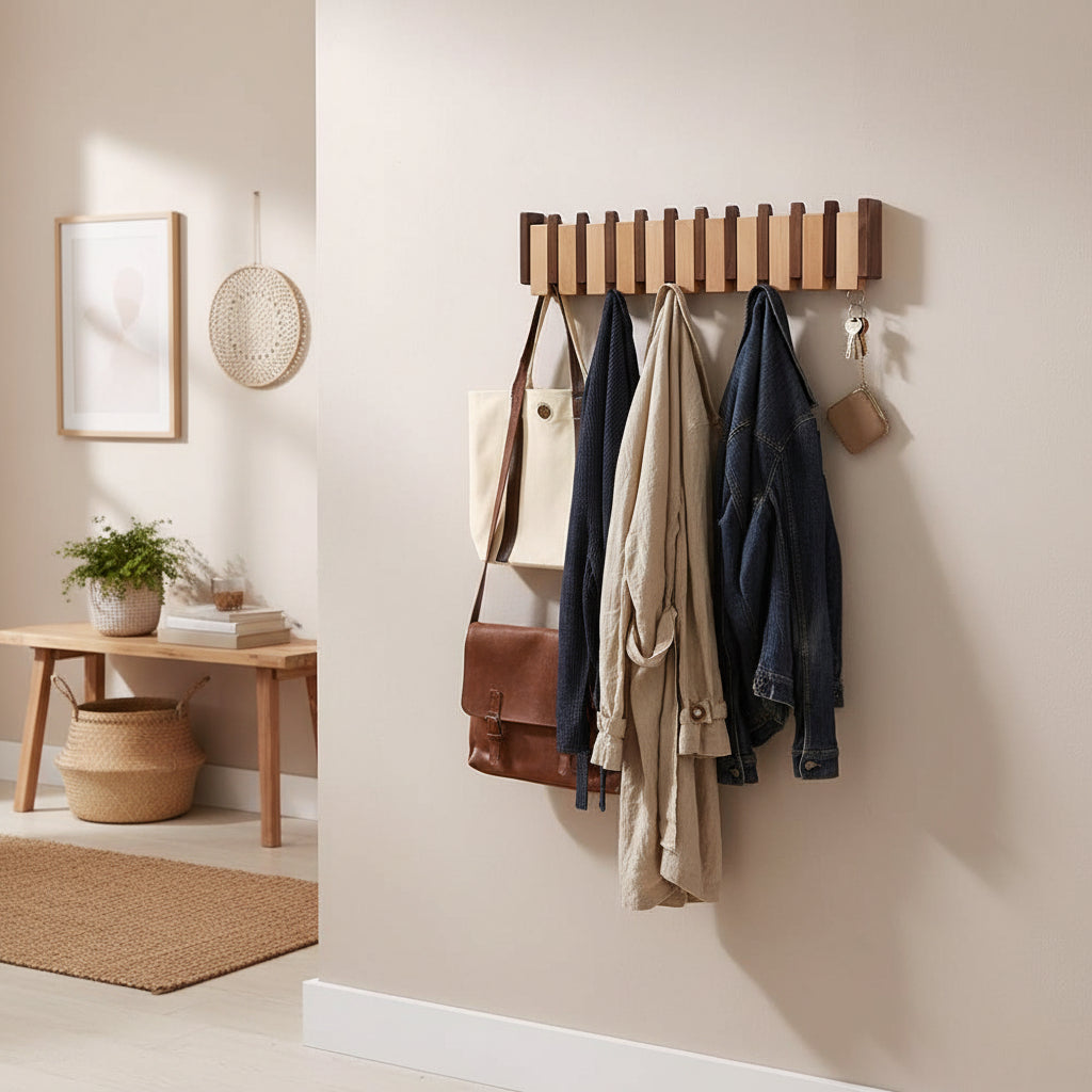 Perchero de pared plegable de madera con ganchos