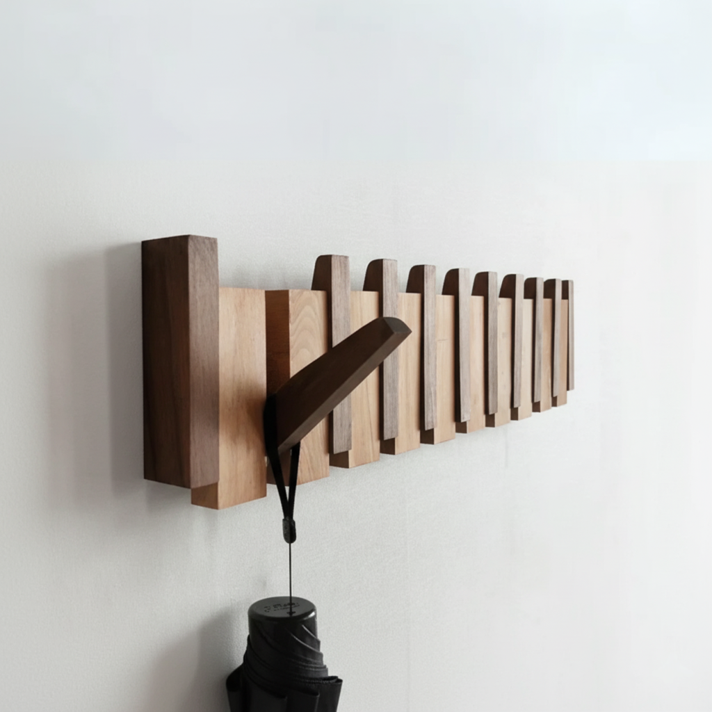 Perchero de pared moderno de madera inspirado en un piano