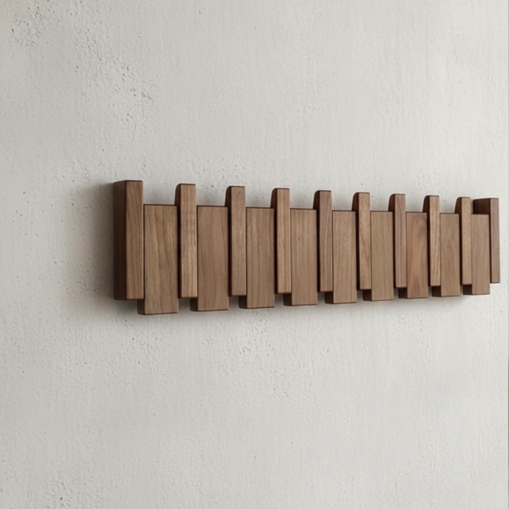 Perchero de pared moderno de madera inspirado en un piano