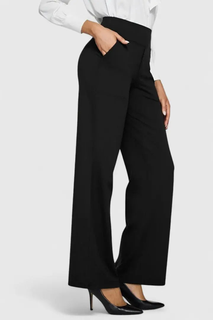 Pantalones de pierna ancha para mujer, de cintura alta, con cinturilla elástica y bolsillos
