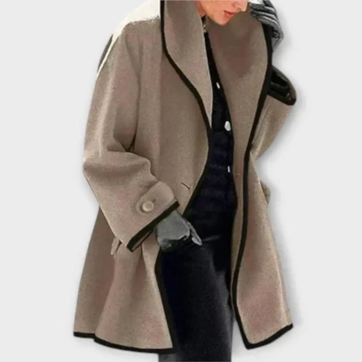 Abrigo amplio de mezcla de lana para mujer con bajo acampanado y ribete en contraste negro