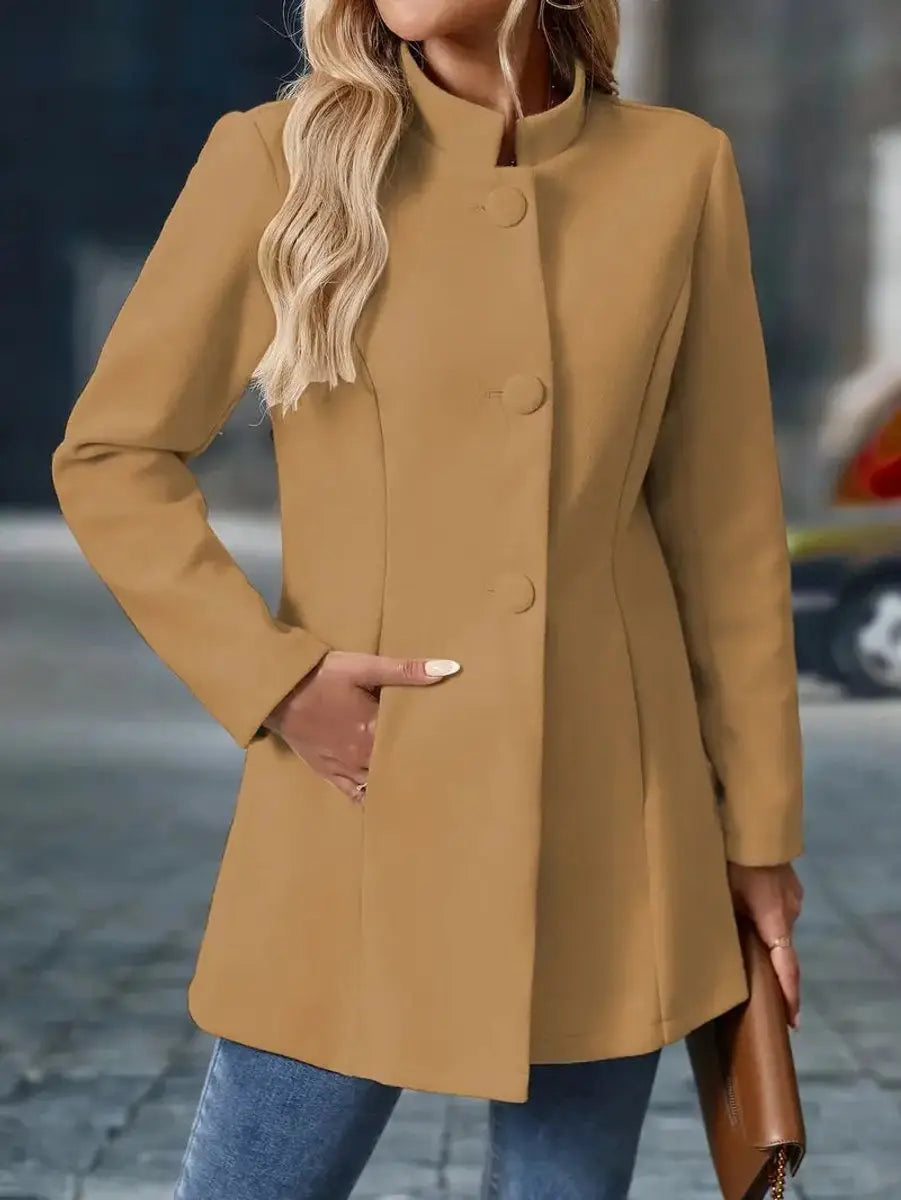 Abrigo tipo blazer largo para mujer con cuello mao y botones delanteros