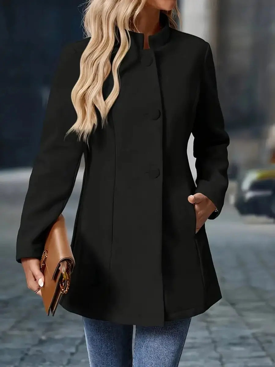 Abrigo tipo blazer largo para mujer con cuello mao y botones delanteros