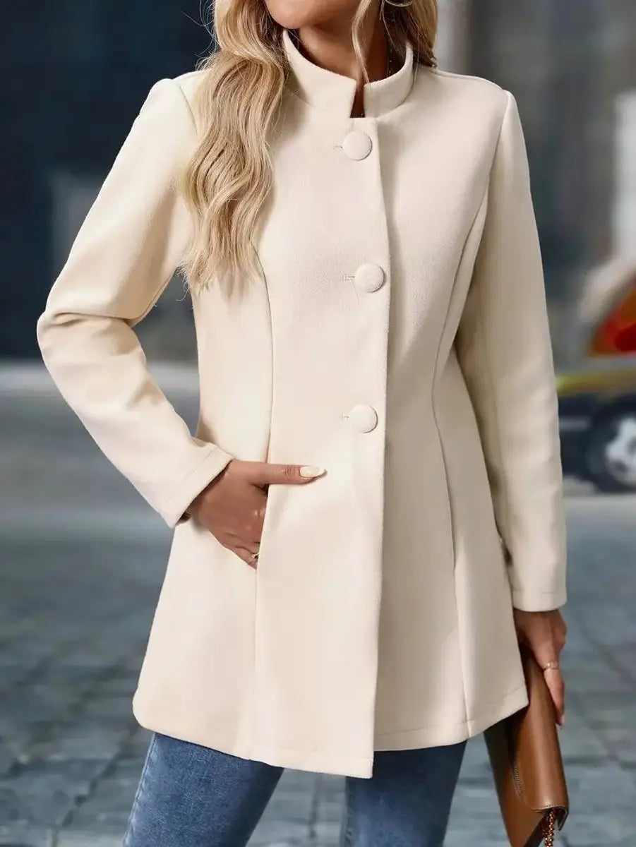 Abrigo tipo blazer largo para mujer con cuello mao y botones delanteros