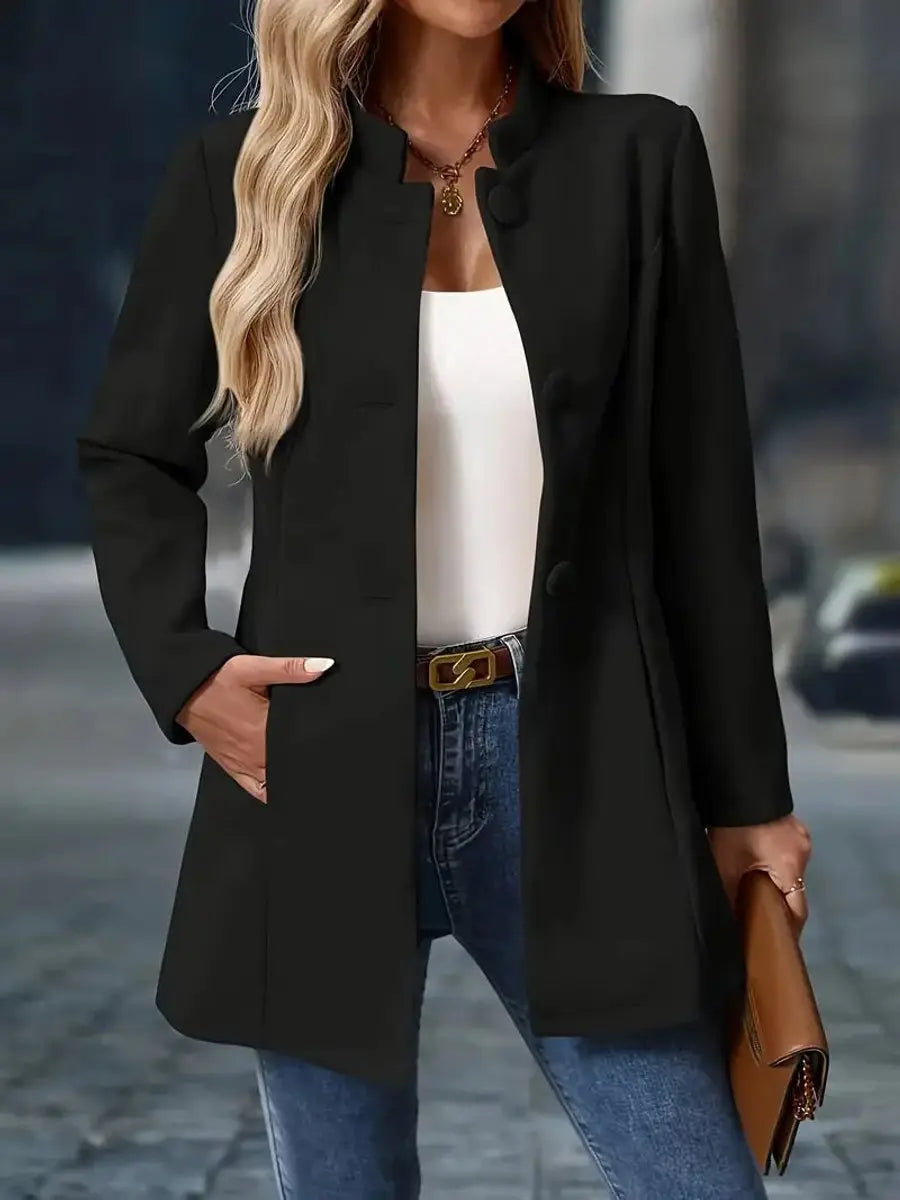 Abrigo tipo blazer largo para mujer con cuello mao y botones delanteros