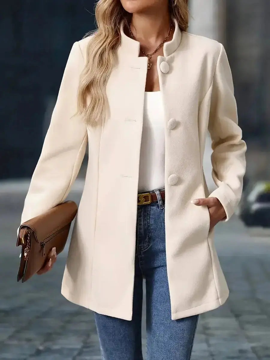 Abrigo tipo blazer largo para mujer con cuello mao y botones delanteros