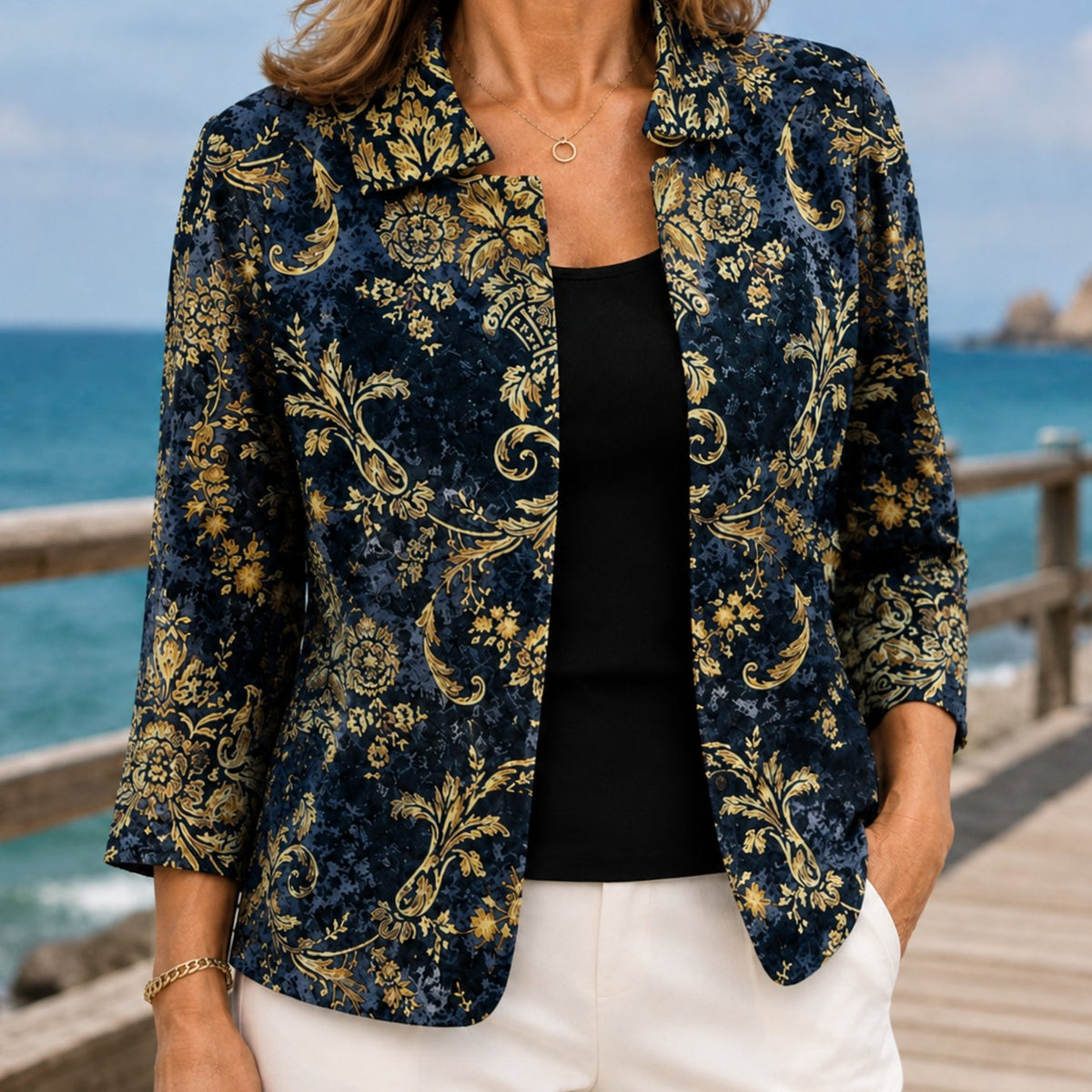 Blazer floral barroco para mujer con frente abierto y mangas tres cuartos