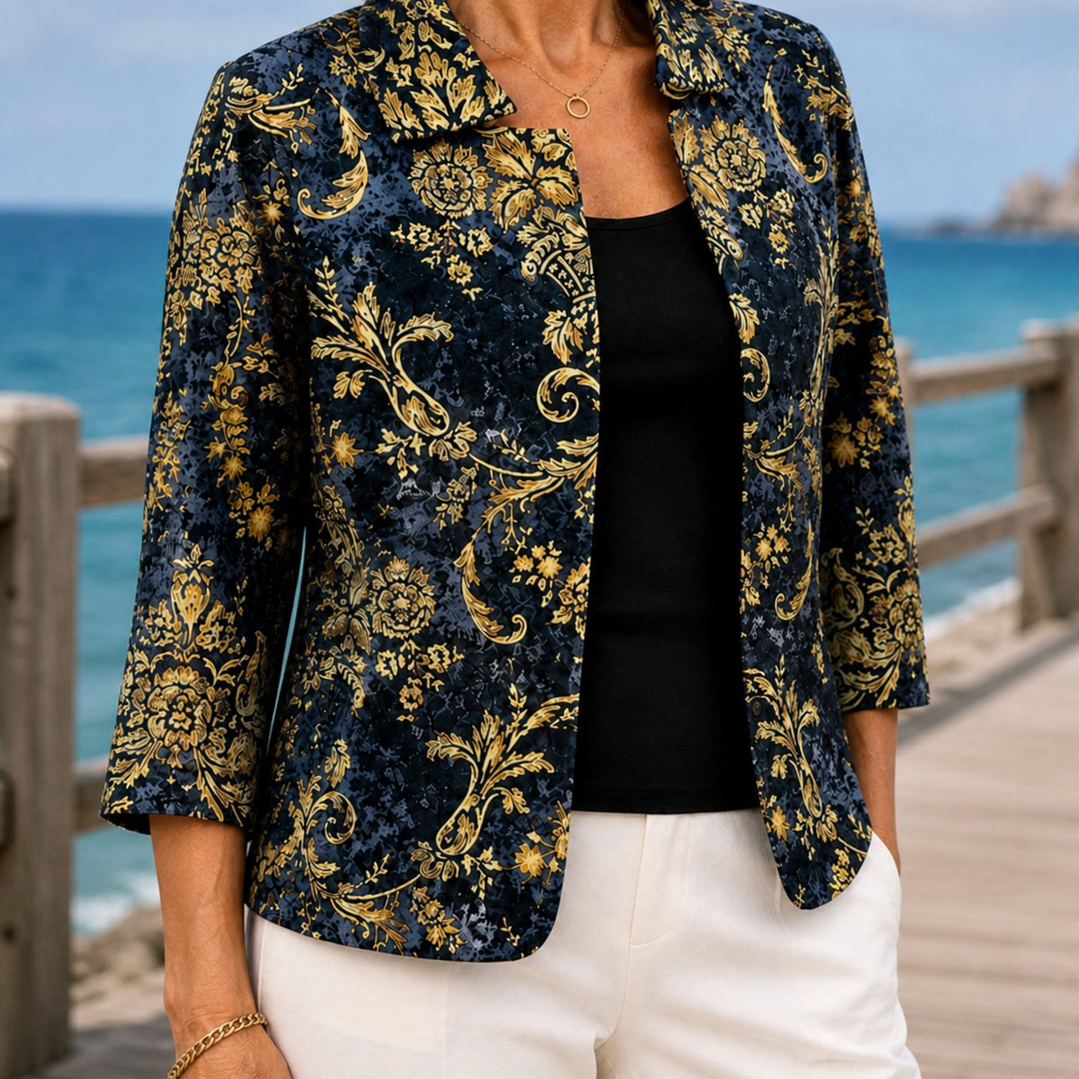 Blazer floral barroco para mujer con frente abierto y mangas tres cuartos
