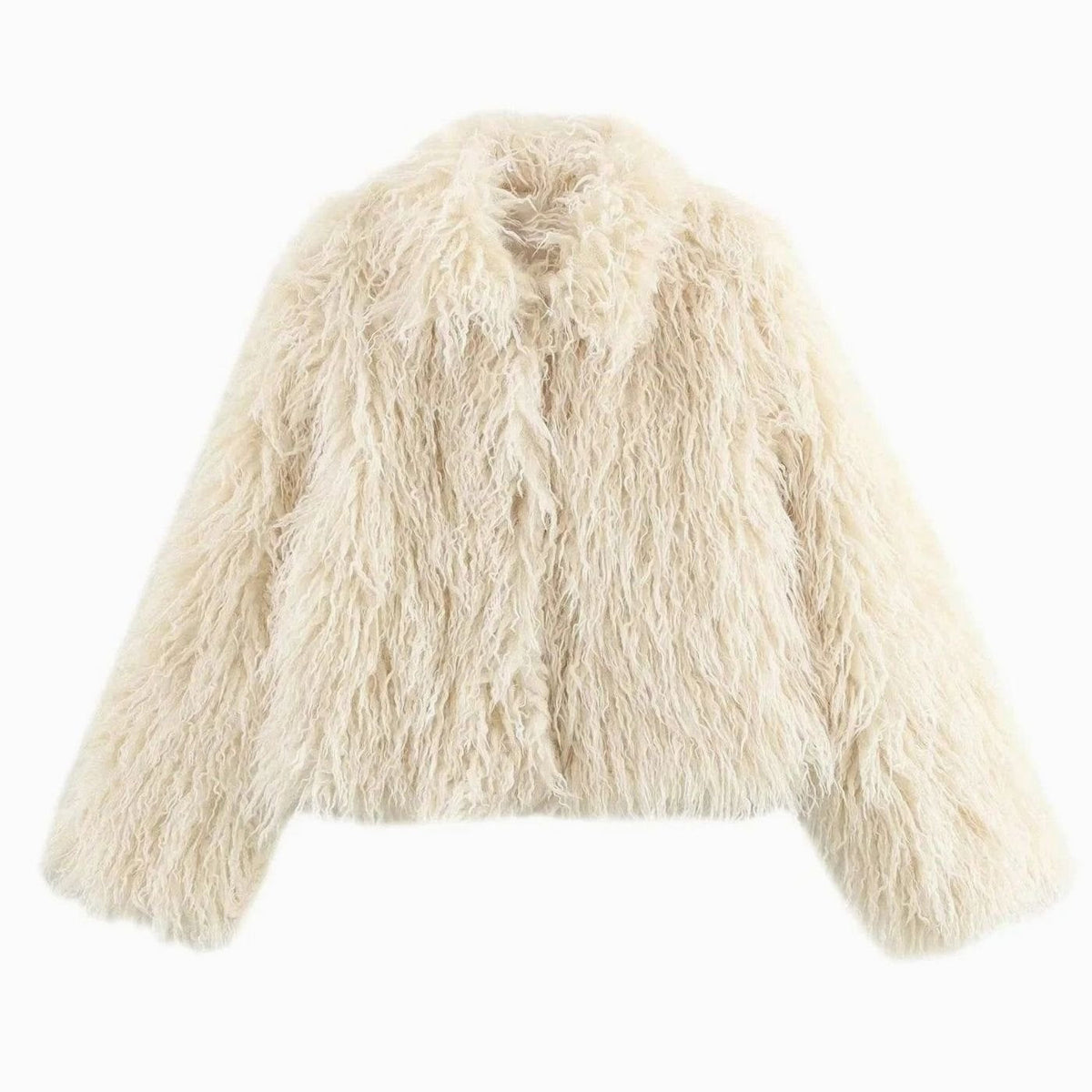 Abrigo largo de piel sintética suave color beige para mujer con manga larga