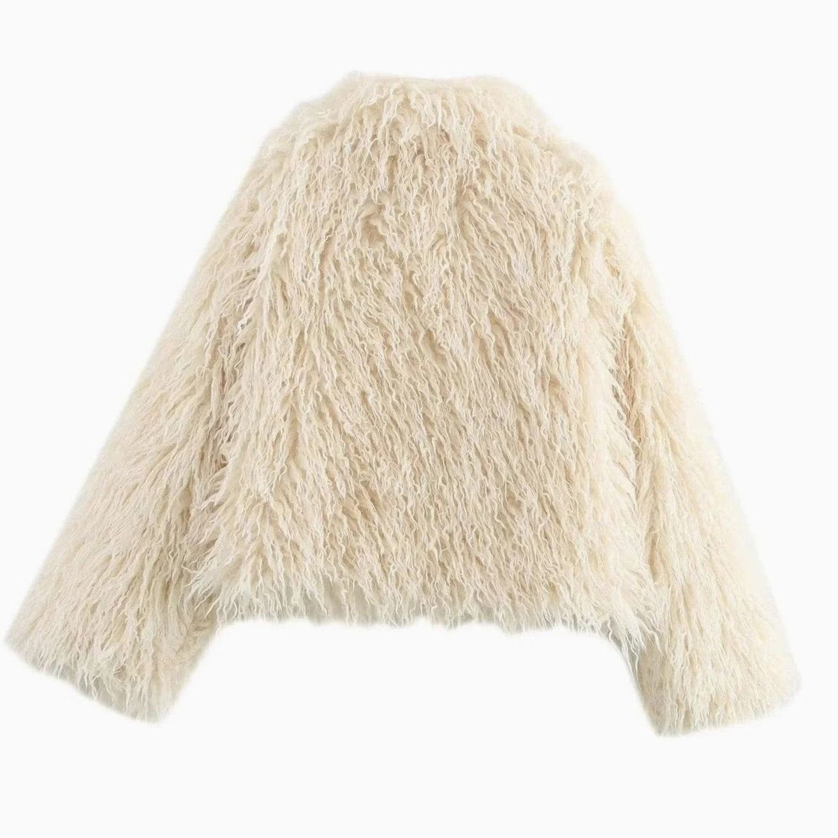 Abrigo largo de piel sintética suave color beige para mujer con manga larga