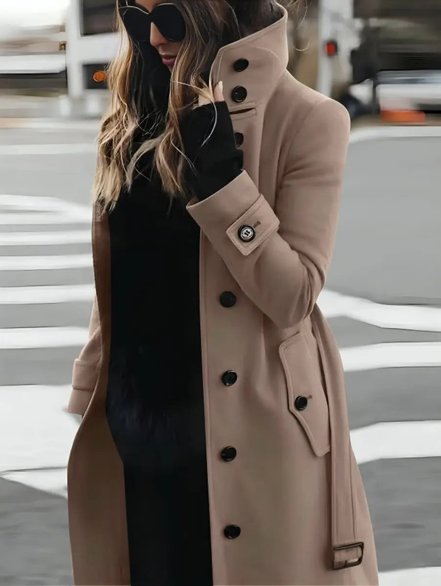 Gabardina larga de aspecto de lana para mujer, cruzada y con cinturón