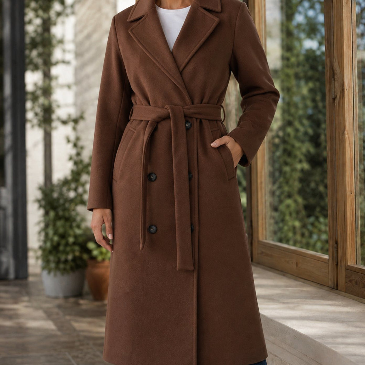 Abrigo de invierno para mujer por debajo de la rodilla, con cinturón y solapas de muesca