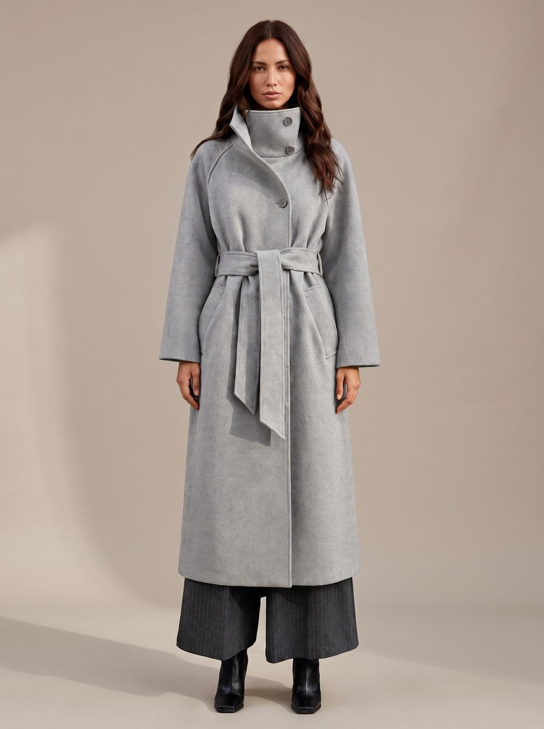 Lily | Abrigo largo de lana para mujer, con cinturón, para invierno y con cuello ancho estructurado