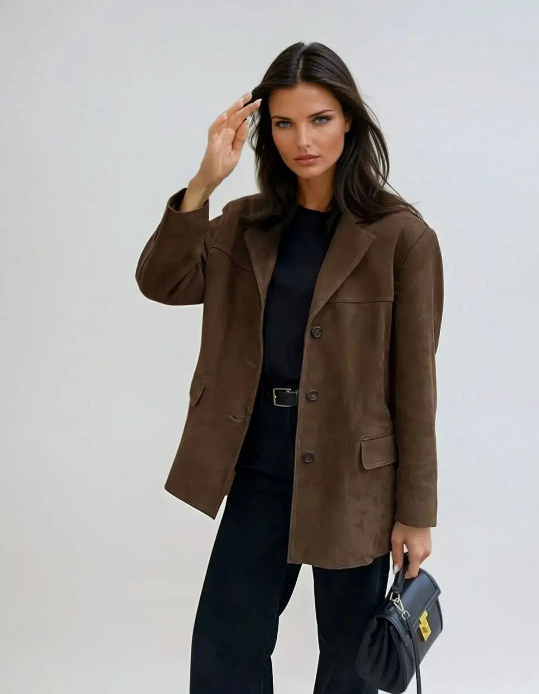 Abrigo tipo blazer de ante marrón para mujer con botones y bolsillos