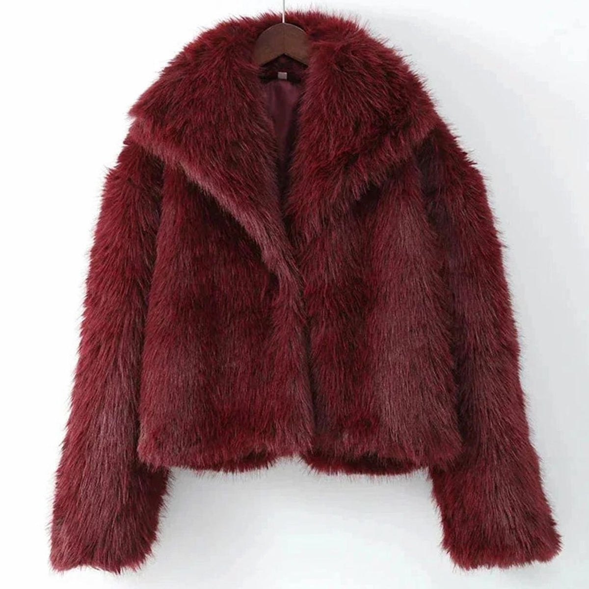Abrigo de piel sintética suave color burdeos para mujer con cuello grande
