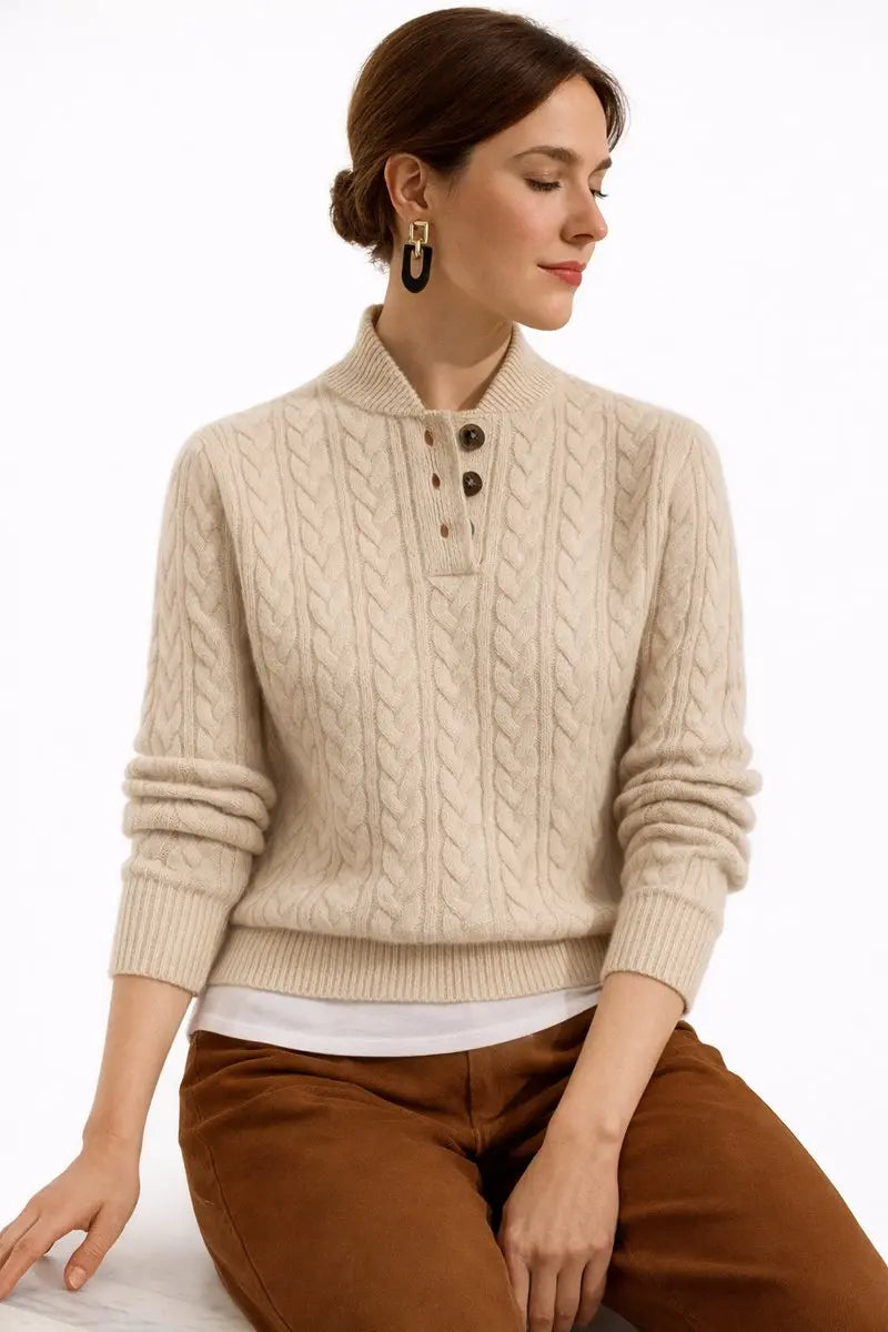 Suéter de punto trenzado para mujer con cuello de botones y mezcla de lana