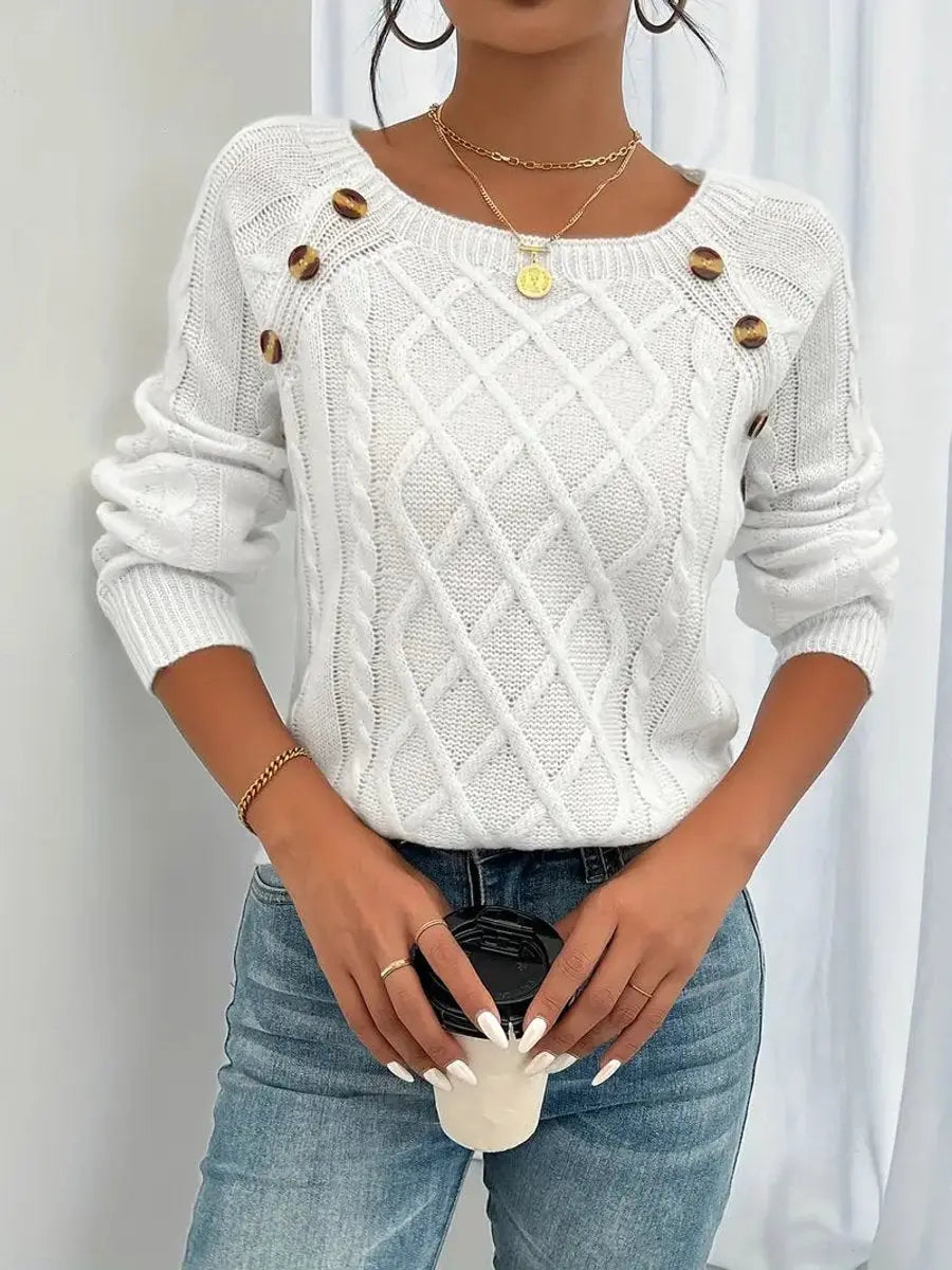 Jersey de punto trenzado para mujer con cuello redondo y detalle de botones