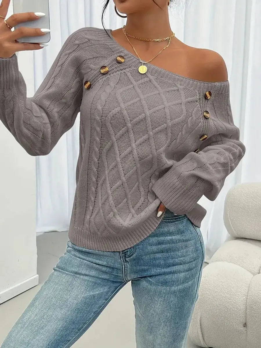 Jersey de punto trenzado para mujer con cuello redondo y detalle de botones