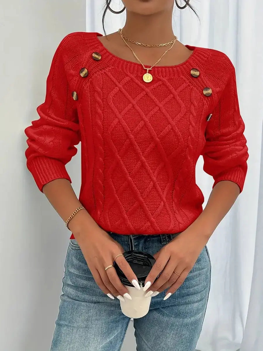 Jersey de punto trenzado para mujer con cuello redondo y detalle de botones