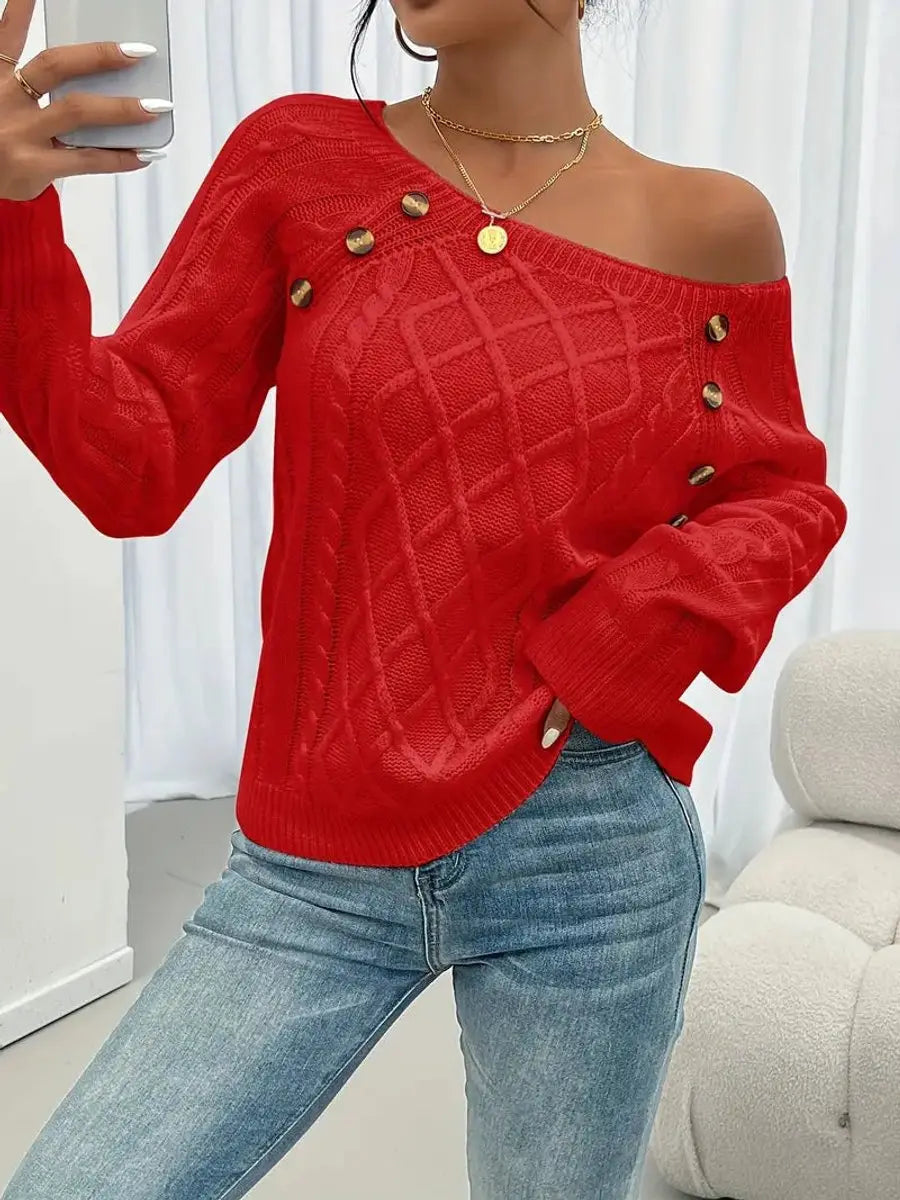 Jersey de punto trenzado para mujer con cuello redondo y detalle de botones