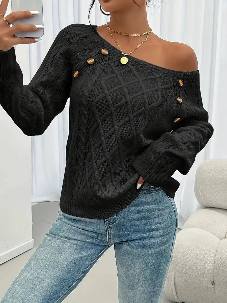 Jersey de punto trenzado para mujer con cuello redondo y detalle de botones