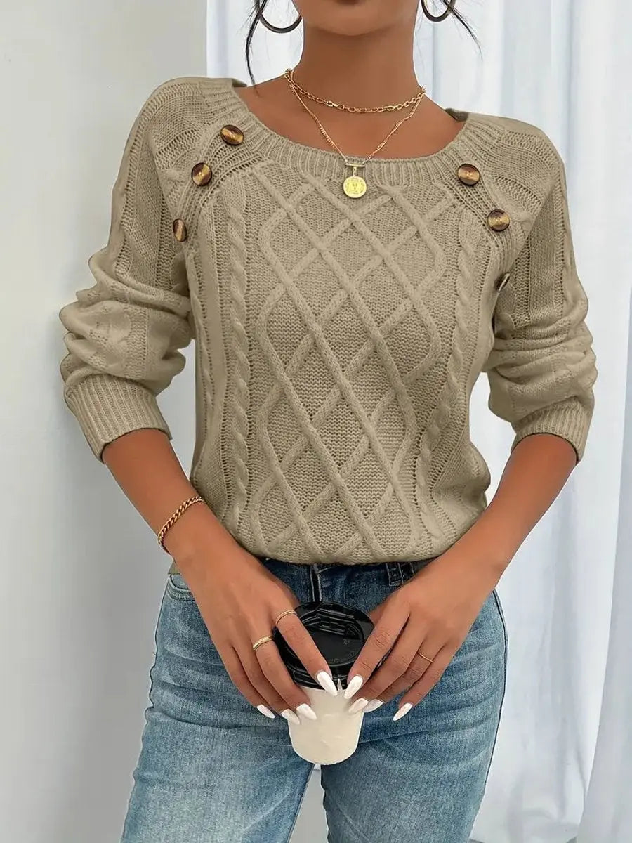 Jersey de punto trenzado para mujer con cuello redondo y detalle de botones