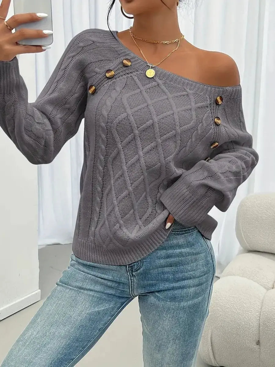 Jersey de punto trenzado para mujer con cuello redondo y detalle de botones