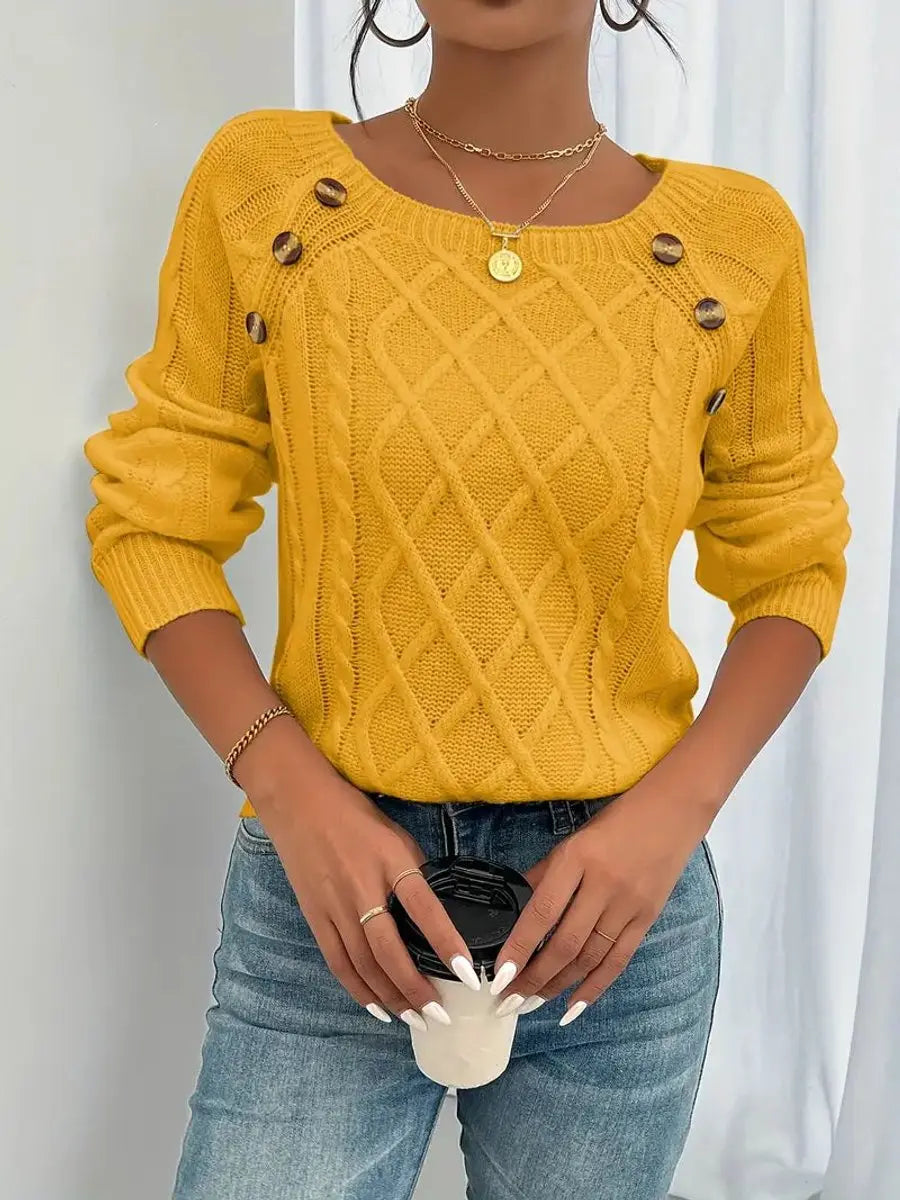 Jersey de punto trenzado para mujer con cuello redondo y detalle de botones