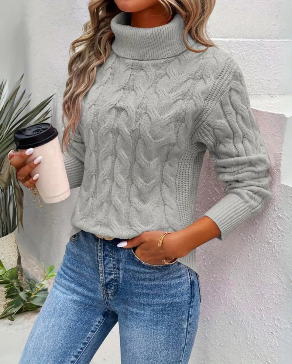 Jersey largo de punto trenzado para mujer con cuello alto