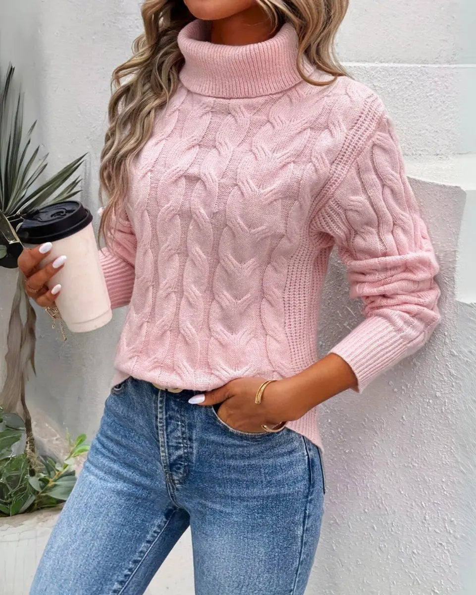 Jersey largo de punto trenzado para mujer con cuello alto