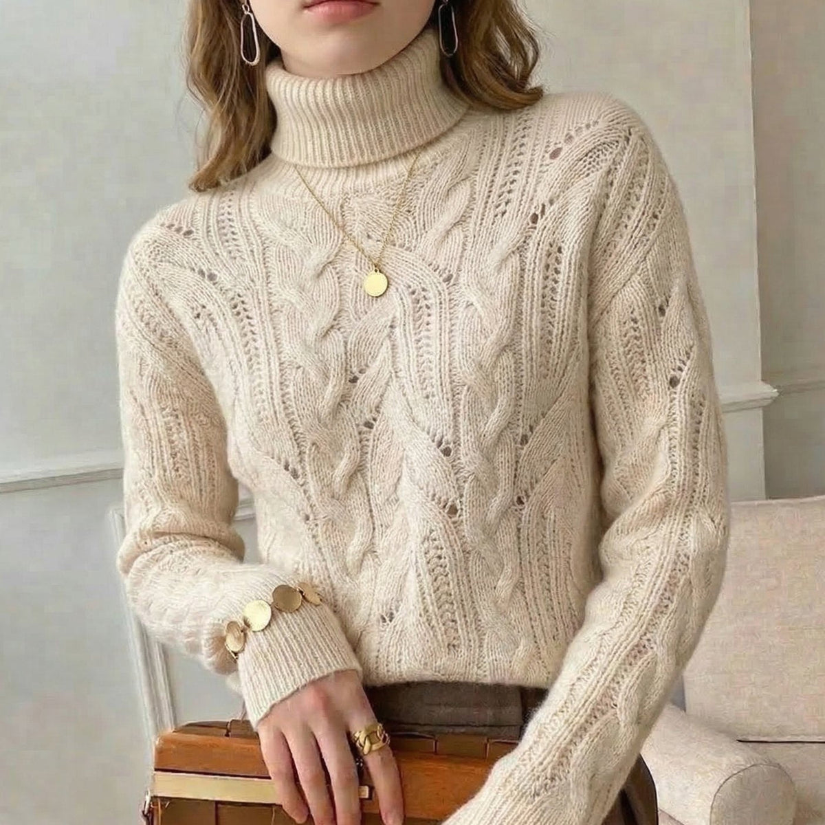 Jersey de punto de lana para mujer con trenzado y cuello alto