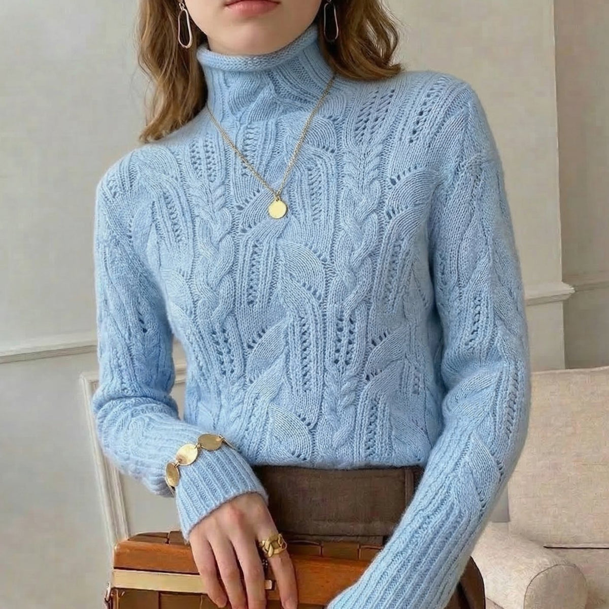 Jersey de punto de lana para mujer con trenzado y cuello alto