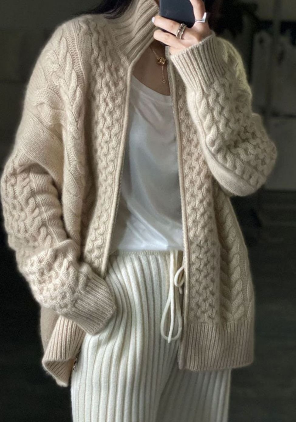 Cárdigan tipo jersey de punto trenzado para mujer con cremallera y cuello alto